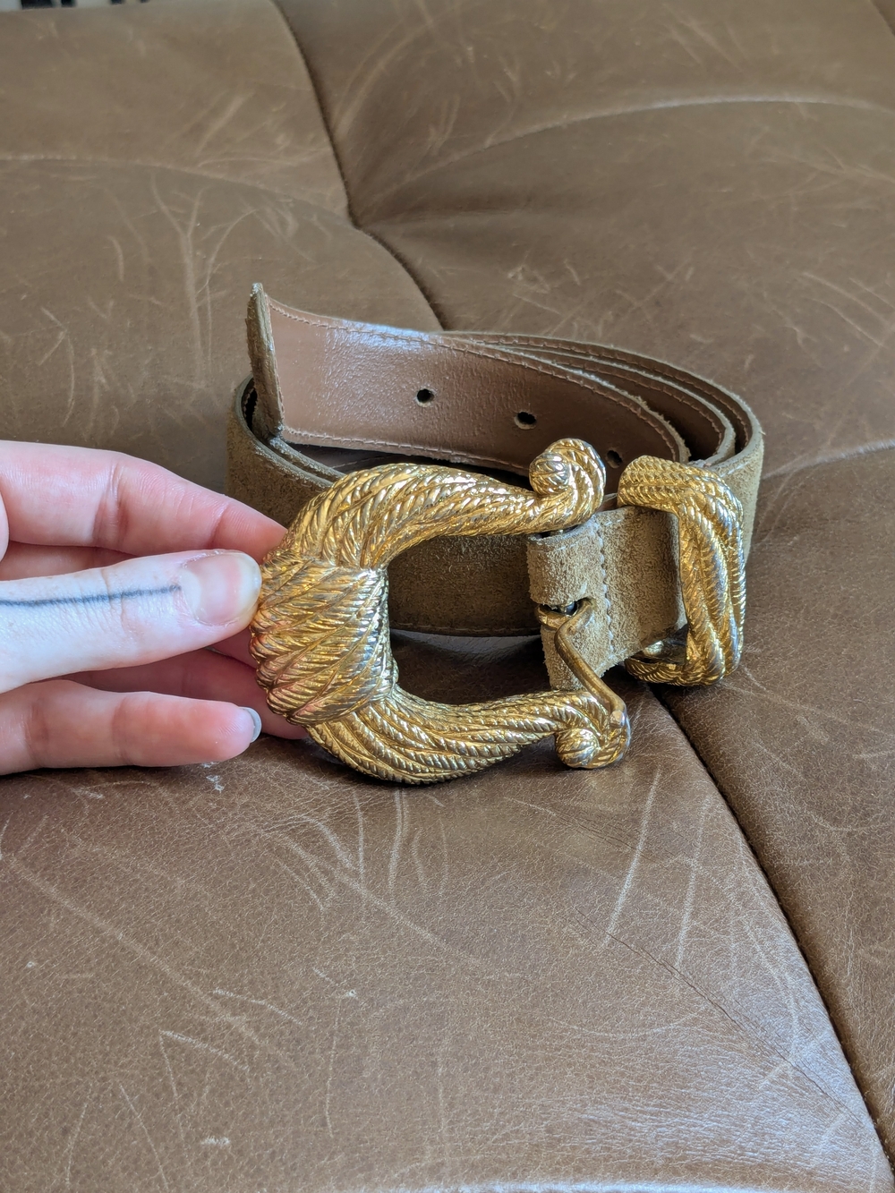 80s Light Brown Suede Belt with Gold Textured Buckle